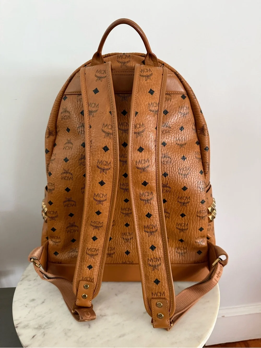 MCM Cognac Viestos Medium-Size Backpack with Monogram Side Studded Stark